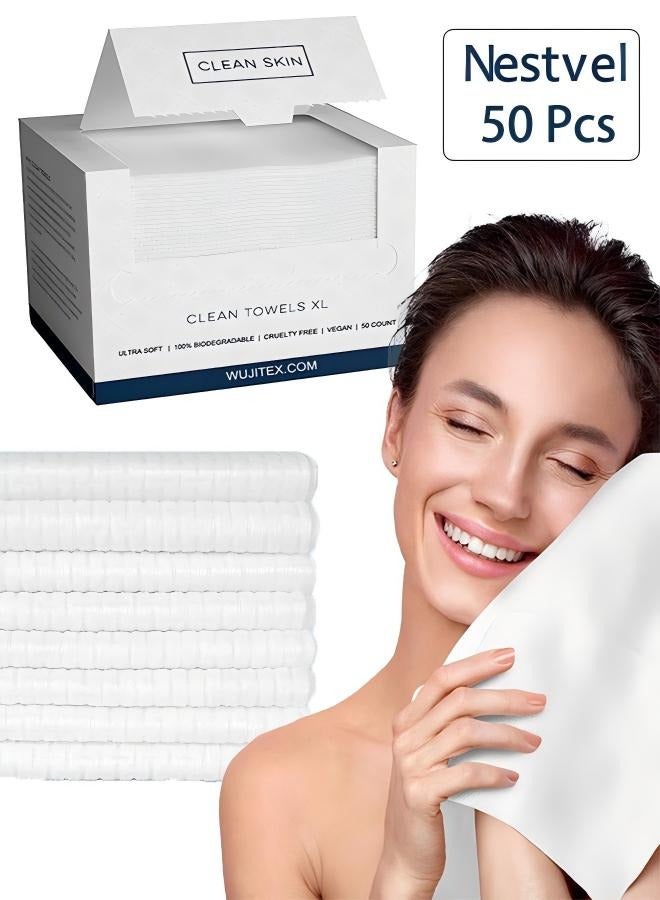 Nestvel Face Towels, 25cm×30cm Ultra Thick Gentle Exfoliation Disposable Face Towelette, Biodegradable Makeup Remover Dry Wipes , Super Soft Clean Facial Towels Wash Cloth for Sensitive Skin,50 Count,1 Pack - Image 1